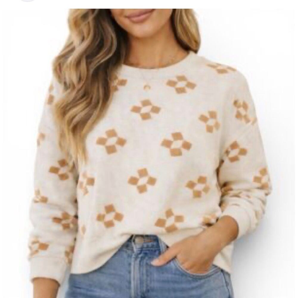 Madewell sz S Geometric Knit Sweater Cream Mustard Cotton Blend Crewneck